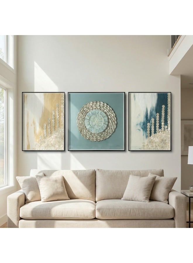 Modern Abstract Art Wall Decor Triptych 60x80cm + 80x80cm + 60x80cm Mirror & Shell 3D Canvas Painting for Living Room, Bedroom, Entryway - Image 5